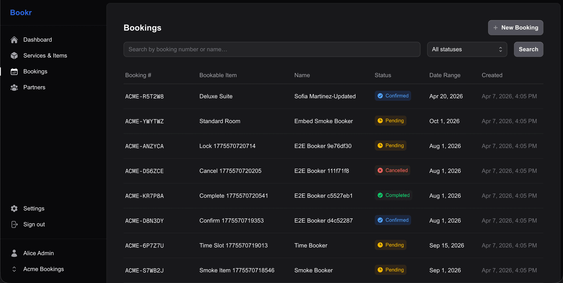 Bookr dashboard showing a list of bookings with statuses and details